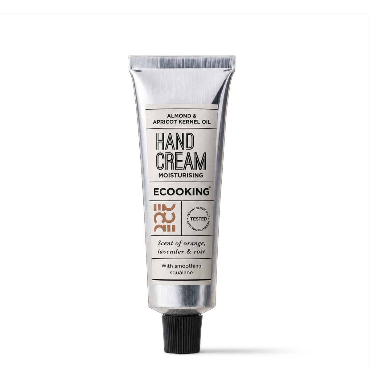 ECOOKING Håndcreme (Hand Cream 01) 30 ml – lille sølvfarvet tube med sort skruelåg og duft af appelsin, lavendel og rose – håndcreme til tørre hænder, der fugter uden at fedte