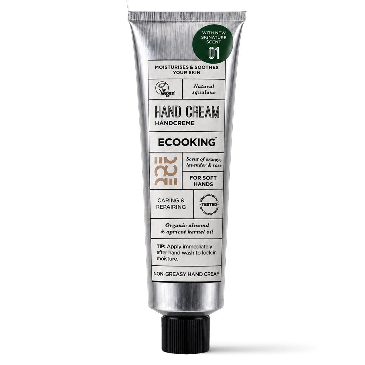 ECOOKING Håndcreme (Hand Cream 01) 75 ml – sølvfarvet tube med sort skruelåg og duft af appelsin, lavendel og rose – håndcreme til tørre hænder, der fugter uden at fedte