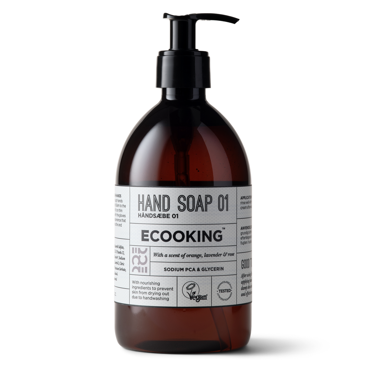 ECOOKING Håndsæbe 01 (Hand Soap 01) med duft af orange, lavendel og rose, 500 ml i brun flaske med pumpe – flydende håndsæbe, der ikke udtørrer hænderne