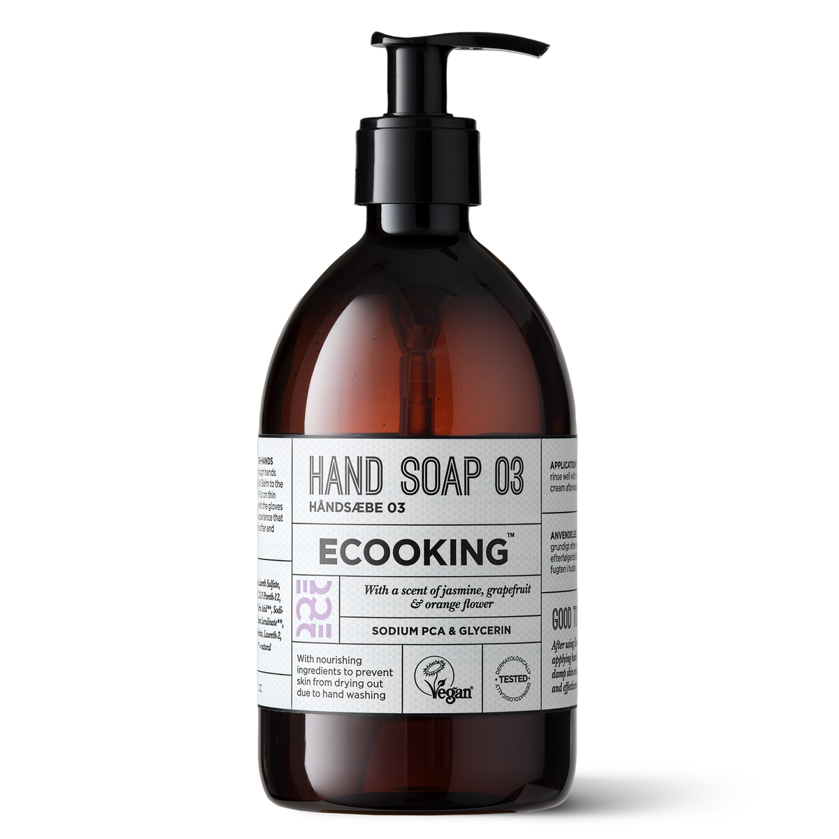 ECOOKING Håndsæbe 03 (Hand Soap 03) med duft af jasmin, grape og appelsinblomst, 500 ml i brun flaske med pumpe – flydende håndsæbe, der ikke udtørrer hænderne