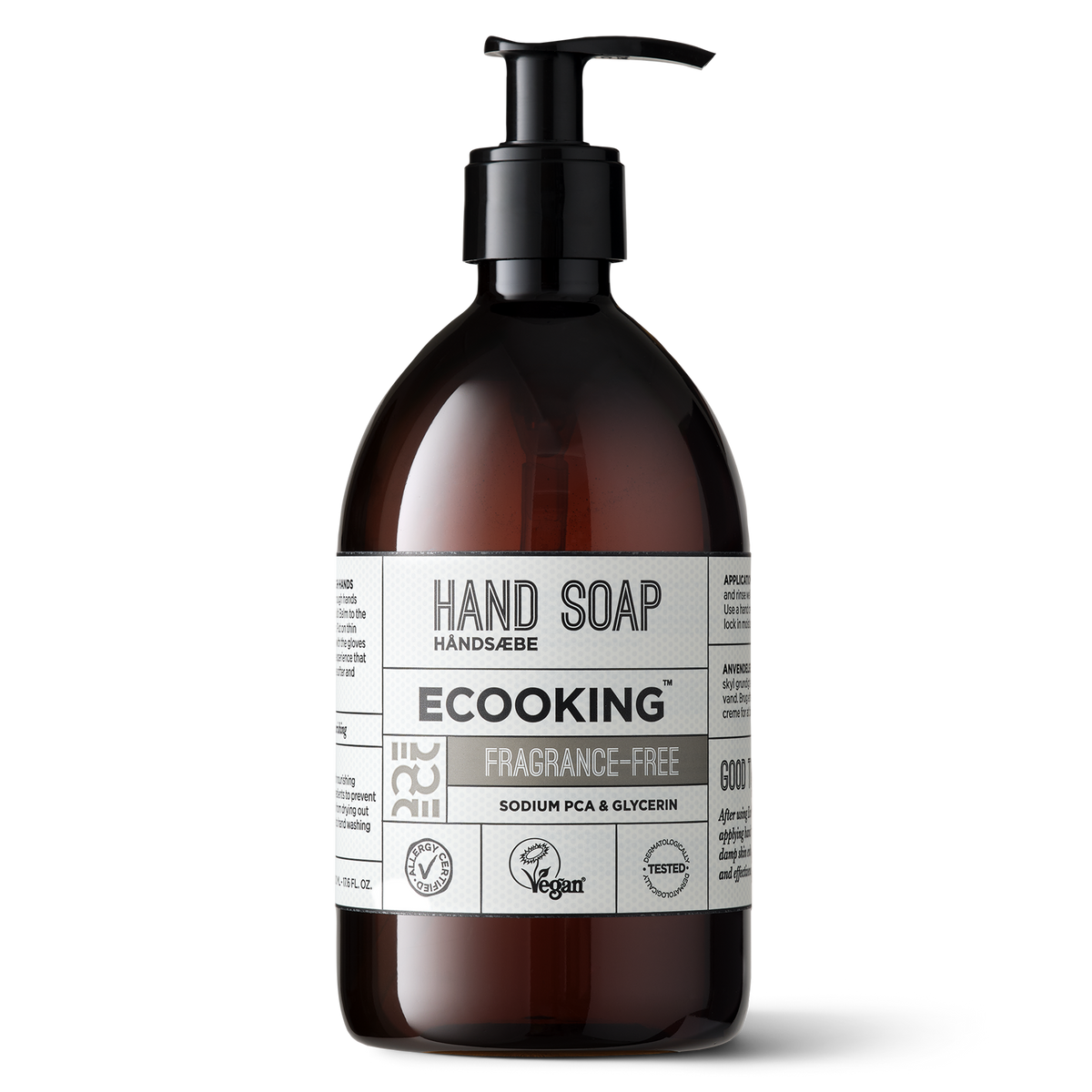 ECOOKING Håndsæbe parfumefri (Hand Soap), 500 ml i brun flaske med pumpe – flydende håndsæbe, der ikke udtørrer hænderne
