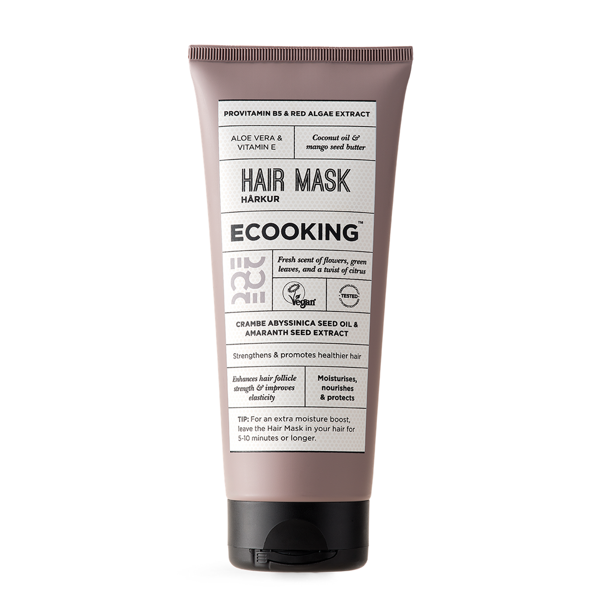 ECOOKING Hårkur 200 ml i gråbrun tube med sort låg – hårkur til tørt hår, hårmaske og balsam i ét på 2 minutter