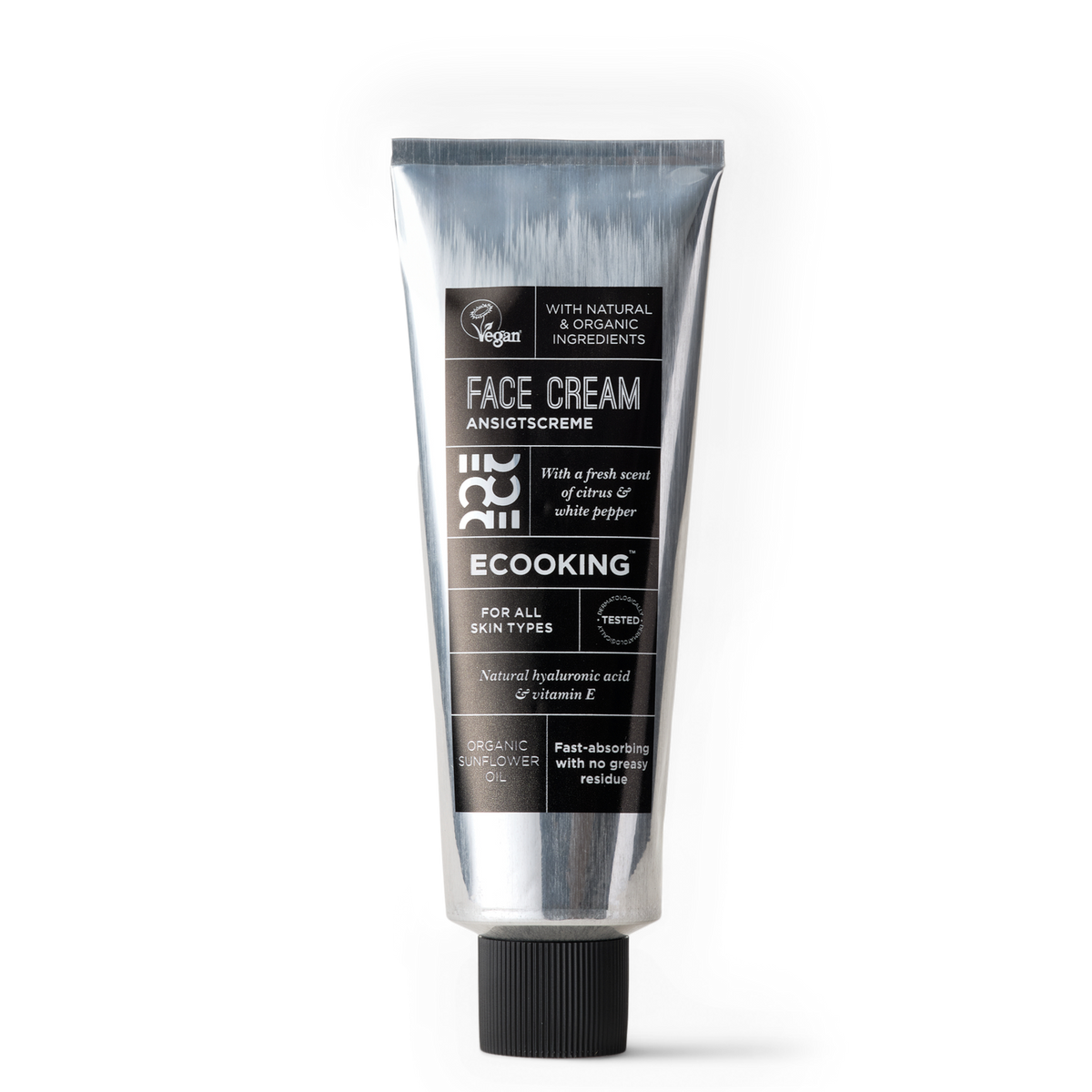 ECOOKING Herre Ansigtscreme (Men Face Cream) 50 ml – sølvfarvet tube med sort skruelåg – fugtgivende ansigtscreme til mænd, der ikke fedter