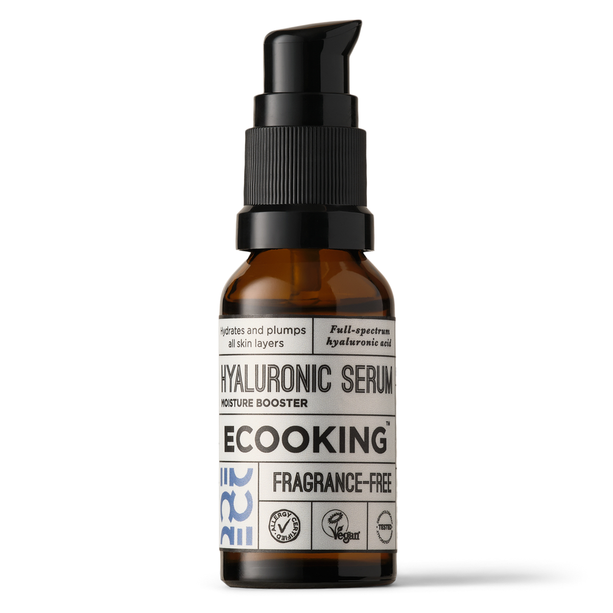ECOOKING Hyaluronsyre Serum (Hyaluronic Serum) 20 ml – parfumefri serum i brun glasflaske med pumpe – hyaluronsyre serum med dyb fugt til tør og dehydreret hud