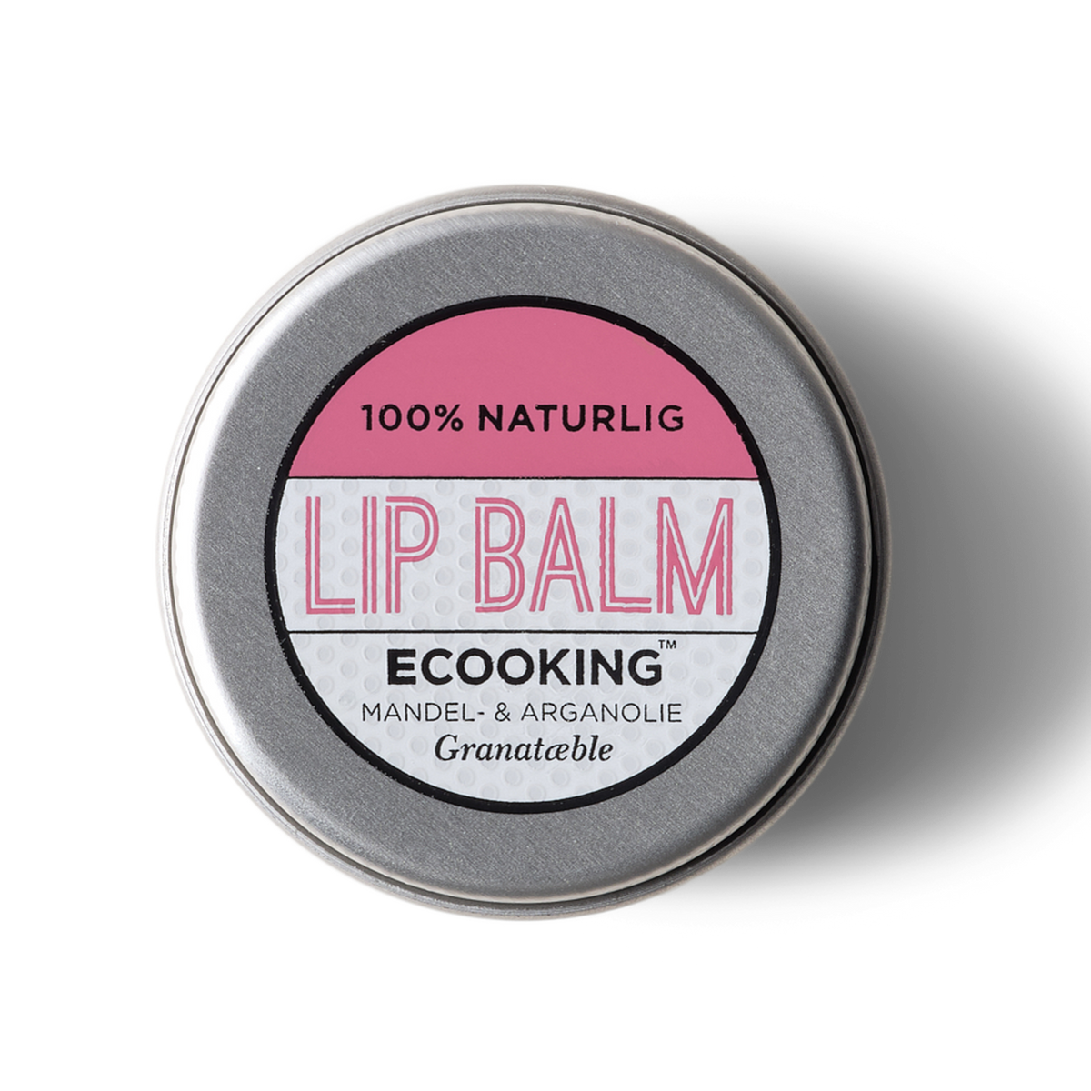 ECOOKING Læbepomade Granatæble 15 ml i rund metaldåse med lyserød etiket, med mandel- og arganolie – læbepomade og lip balm til tørre og sprukne læber