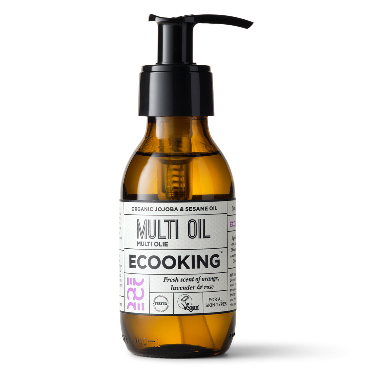 ECOOKING Multi Olie (Multi Oil) med duft 100 ml i brun glasflaske med pumpe – økologisk kropsolie med jojoba og sesam og duft af appelsin, lavendel og rose
