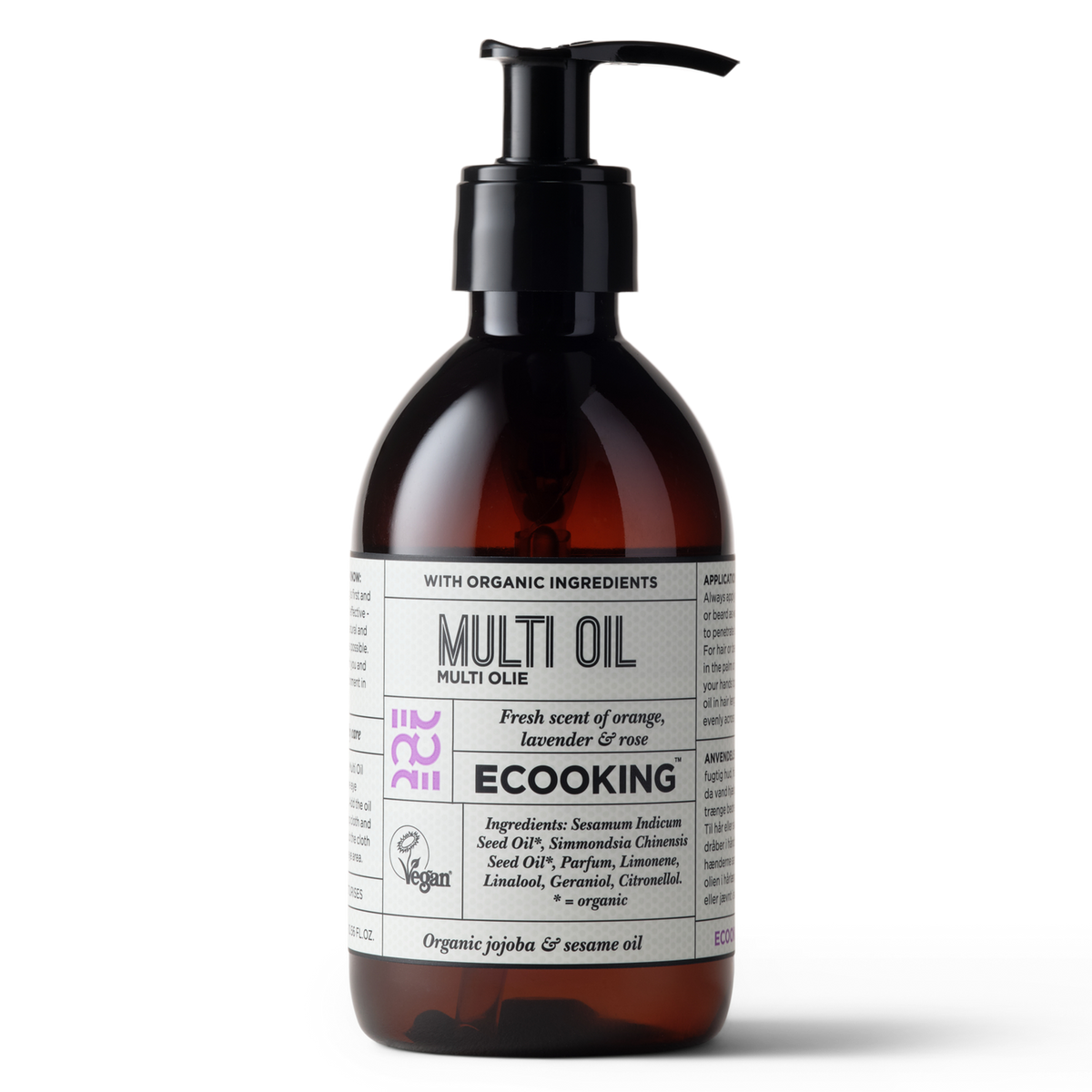ECOOKING Multi Olie (Multi Oil) med duft 300 ml i brun flaske med pumpe – økologisk kropsolie med jojoba og sesam og duft af appelsin, lavendel og rose