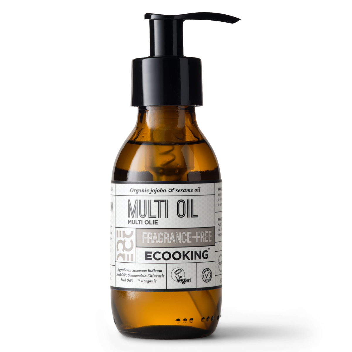 ECOOKING Multi Olie (Multi Oil) parfumefri 100 ml i brun glasflaske med pumpe – økologisk kropsolie med jojoba og sesam til hud, hår og skæg