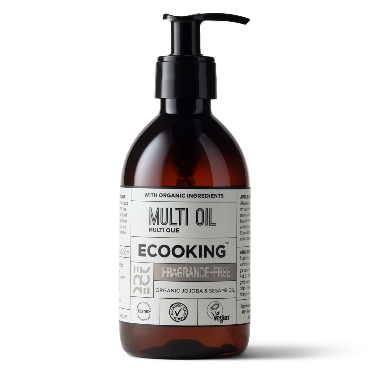 ECOOKING Multi Olie (Multi Oil) parfumefri 300 ml i brun flaske med pumpe – økologisk kropsolie med jojoba og sesam til hud, hår og skæg