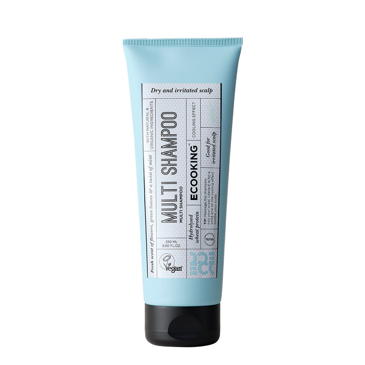 ECOOKING Multi Shampoo 250 ml i lyseblå tube med sort låg – shampoo til tør og kløende hovedbund, der køler og beroliger