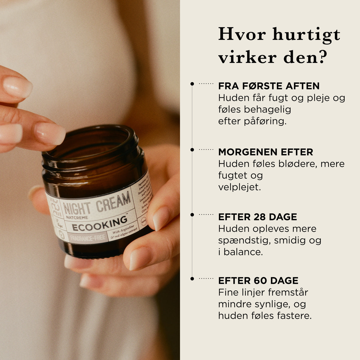 Hvor hurtigt virker Natcremen: fra første aften fugt og pleje, morgenen efter blødere og mere fugtet hud, efter 28 dage mere spændstig og smidig hud, efter 60 dage mindre synlige fine linjer og fastere hud