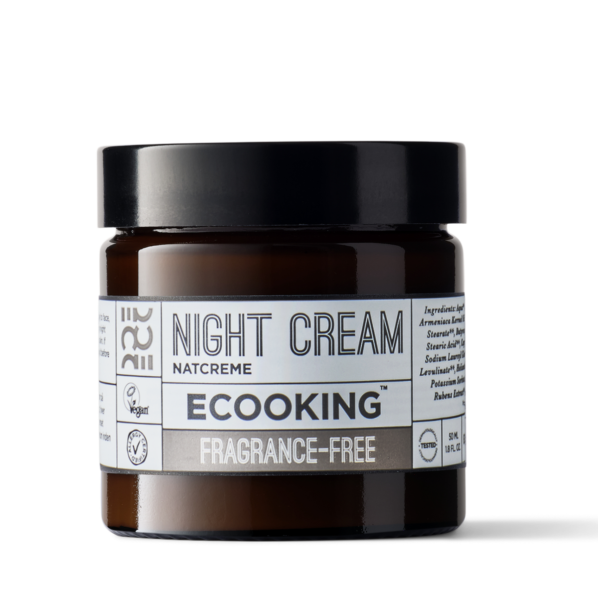 ECOOKING Natcreme (Night Cream) parfumefri 50 ml i brun glaskrukke – natcreme mod rynker og fine linjer, der fugter og giver glød