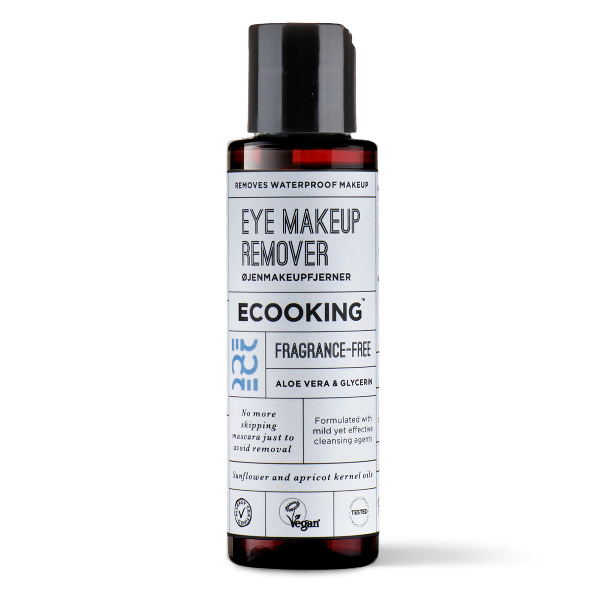 ECOOKING Øjenmakeupfjerner 100 ml parfumefri i brun flaske – øjenmakeupfjerner der fjerner vandfast makeup, med aloe vera og glycerin
