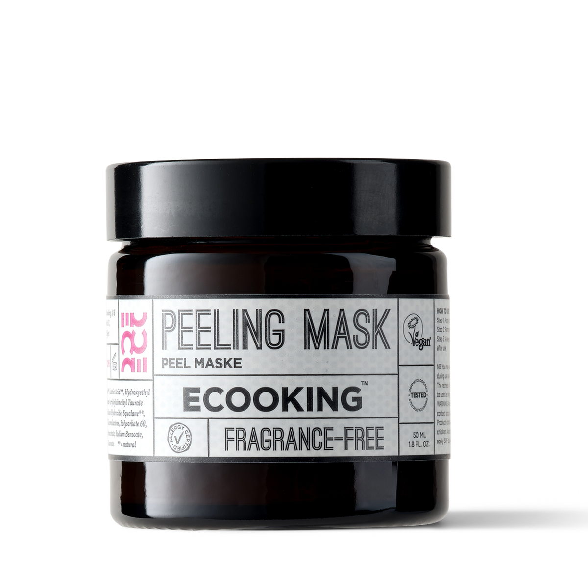 ECOOKING Peel Maske (Peeling Mask) 50 ml – parfumefri maske i brun glaskrukke med sort låg – peel maske med AHA mod fine linjer og pigmentpletter