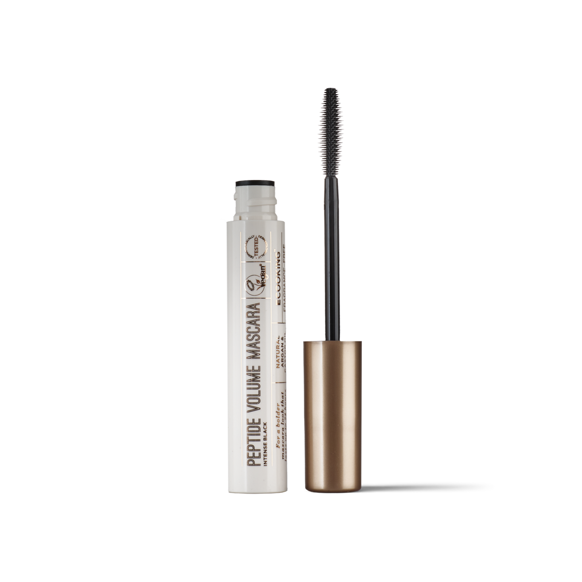 ECOOKING Peptide Volume Mascara sort med børste og en stribe af farven – skånsom volume mascara til sensitive øjne