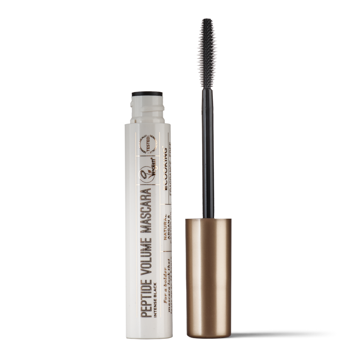 ECOOKING Peptide Volume Mascara sort med børste og en stribe af farven – skånsom volume mascara til sensitive øjne
