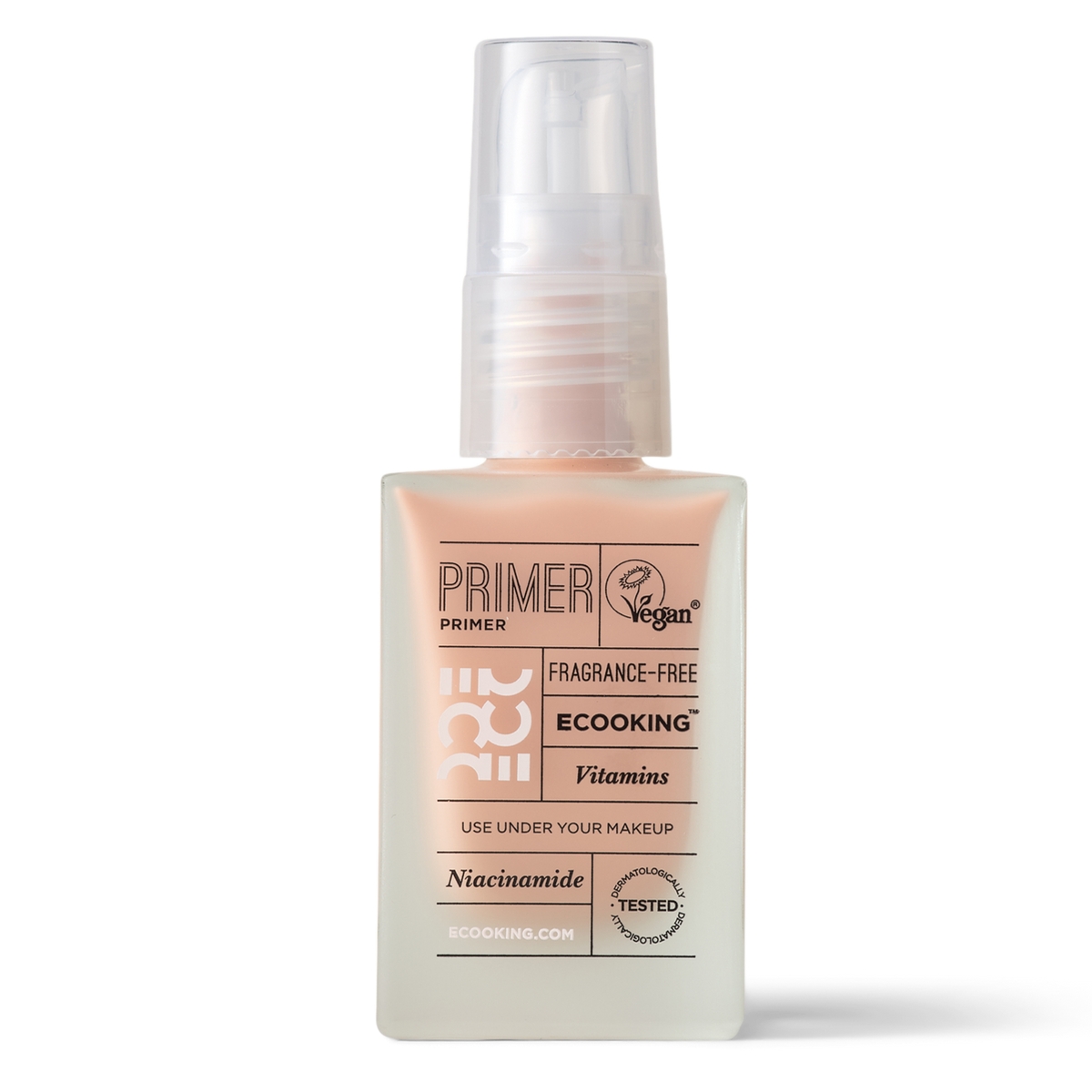 ECOOKING Primer Neutral – primer til alle hudtoner i frostet flaske med pumpe – makeup primer og color corrector mod rødme og pigmentpletter