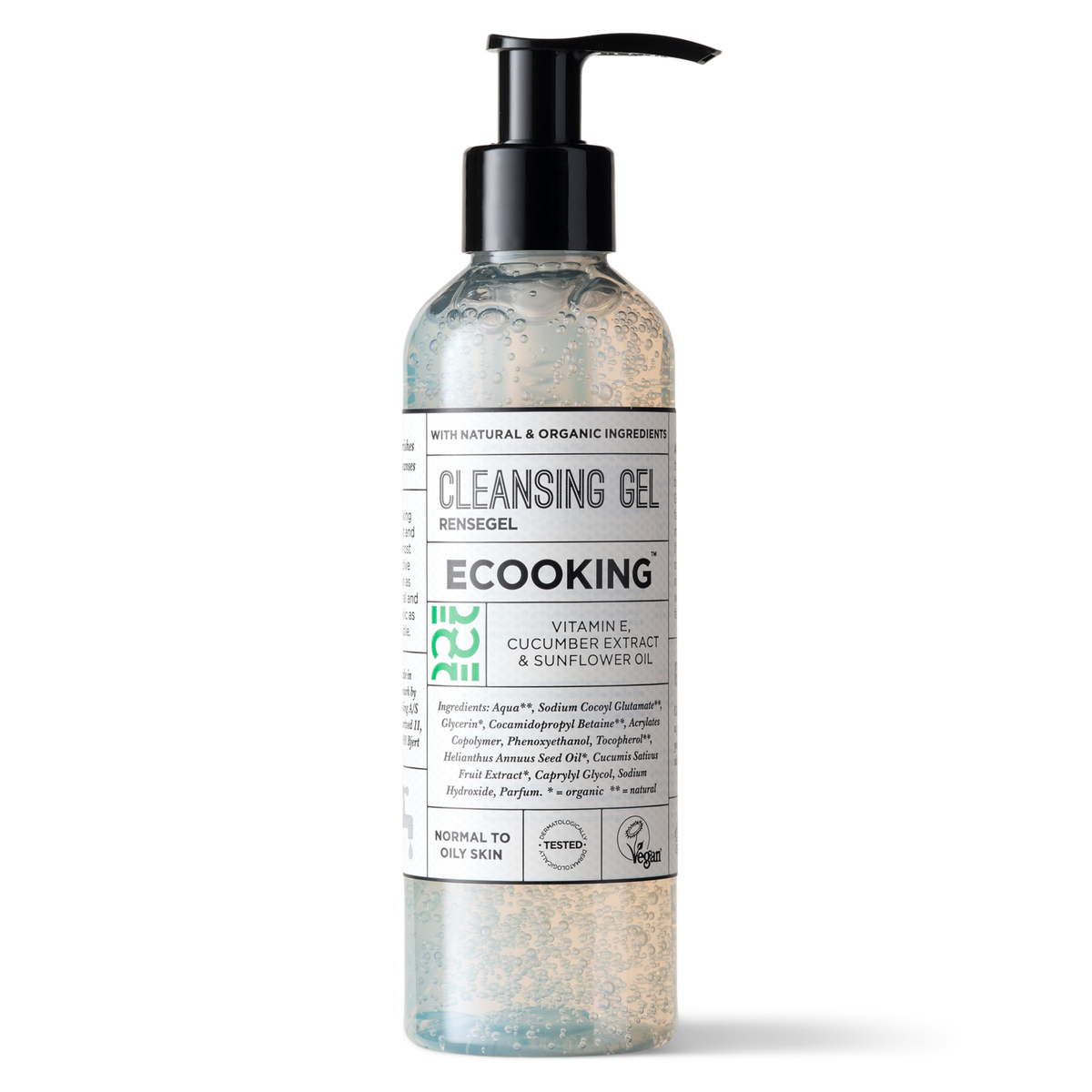 ECOOKING Rensegel (Cleansing Gel) med duft 200 ml i klar flaske med pumpe – ansigtsrens og rensegel til normal, fedtet og uren hud