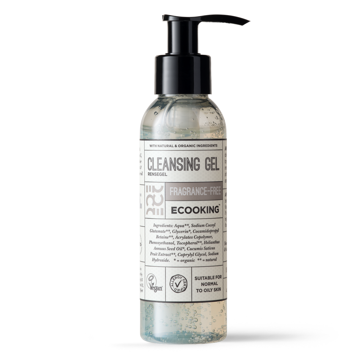 ECOOKING Rensegel (Cleansing Gel) parfumefri 125 ml i klar flaske med pumpe – ansigtsrens og rensegel til normal, fedtet og uren hud