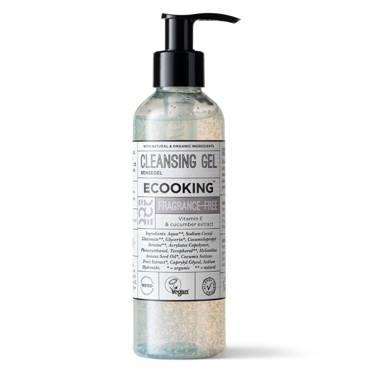 ECOOKING Rensegel (Cleansing Gel) parfumefri 200 ml i klar flaske med pumpe – ansigtsrens og rensegel til normal, fedtet og uren hud