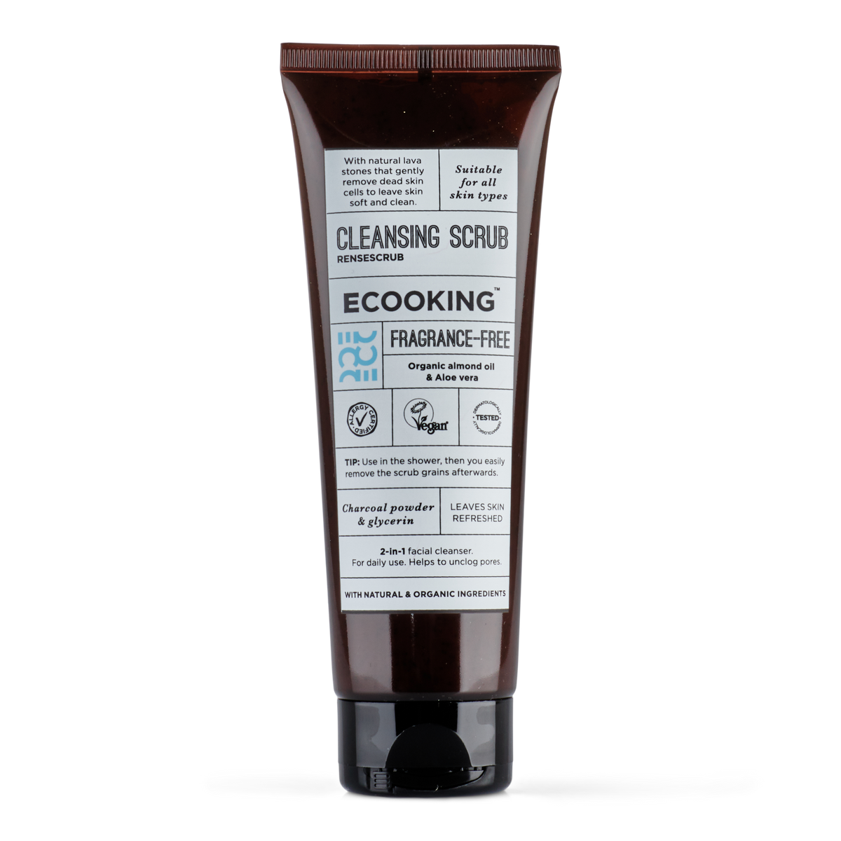 ECOOKING Rensescrub (Cleansing Scrub) parfumefri 125 ml i brun tube med aktivt kul og lavasten – face scrub til glat hud med frisk glød