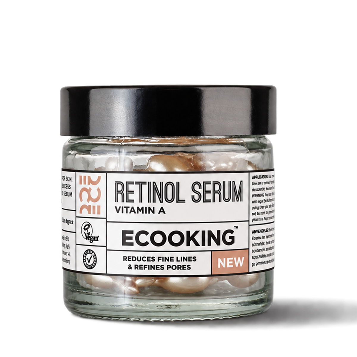 ECOOKING Retinol Serum 0,15 % (NEW) 60 kapsler – glaskrukke med sort låg og gyldne retinolkapsler – retinol serum mod fine linjer, rynker og pigmentpletter