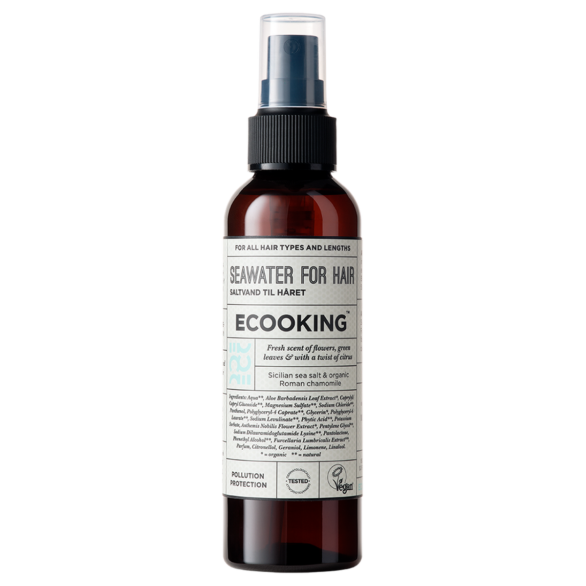 ECOOKING Saltvand til Håret 150 ml i brun sprayflaske med lysegrøn etiket – saltvandsspray til håret, bølger, tekstur og fylde