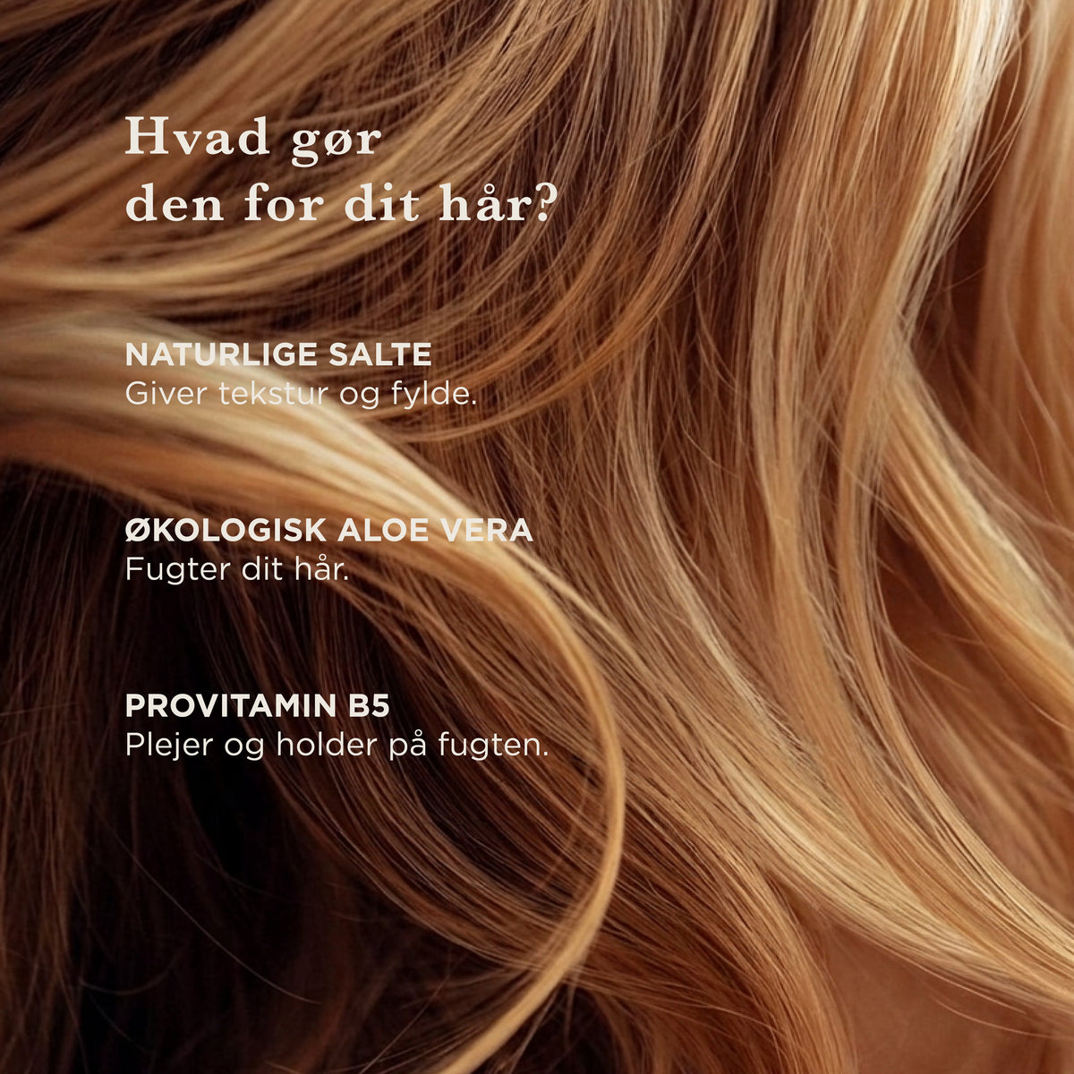 Hvad gør den for dit hår: naturlige salte giver tekstur og fylde, økologisk aloe vera fugter håret, provitamin B5 plejer og holder på fugten