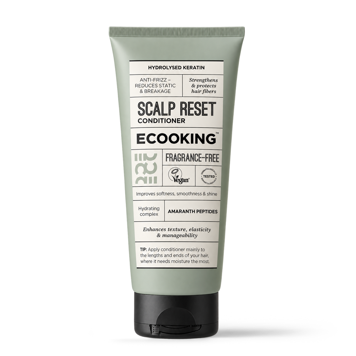 ECOOKING Scalp Reset Conditioner parfumefri 200 ml i grågrøn tube med sort låg – parfumefri balsam mod krus og elektrisk hår
