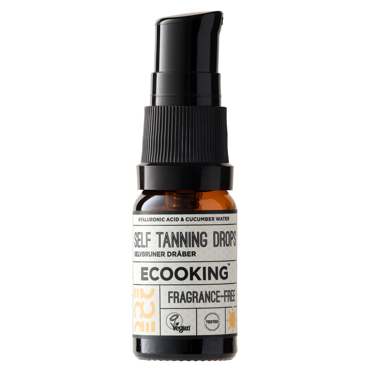 ECOOKING Selvbruner Dråber (Self Tanning Drops) 10 ml i brun glasflaske med pumpe – parfumefri selvbruner dråber til ansigt og krop