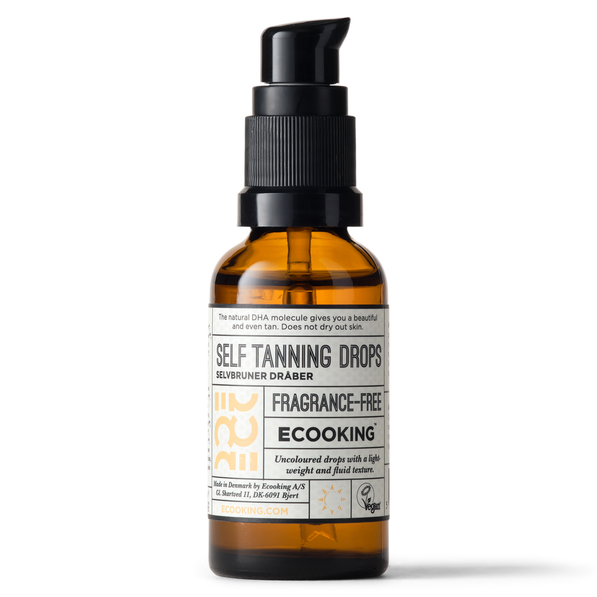 ECOOKING Selvbruner Dråber (Self Tanning Drops) 30 ml – parfumefri dråber i brun glasflaske med pumpe – selvbruner dråber og tanning drops til ansigt og krop