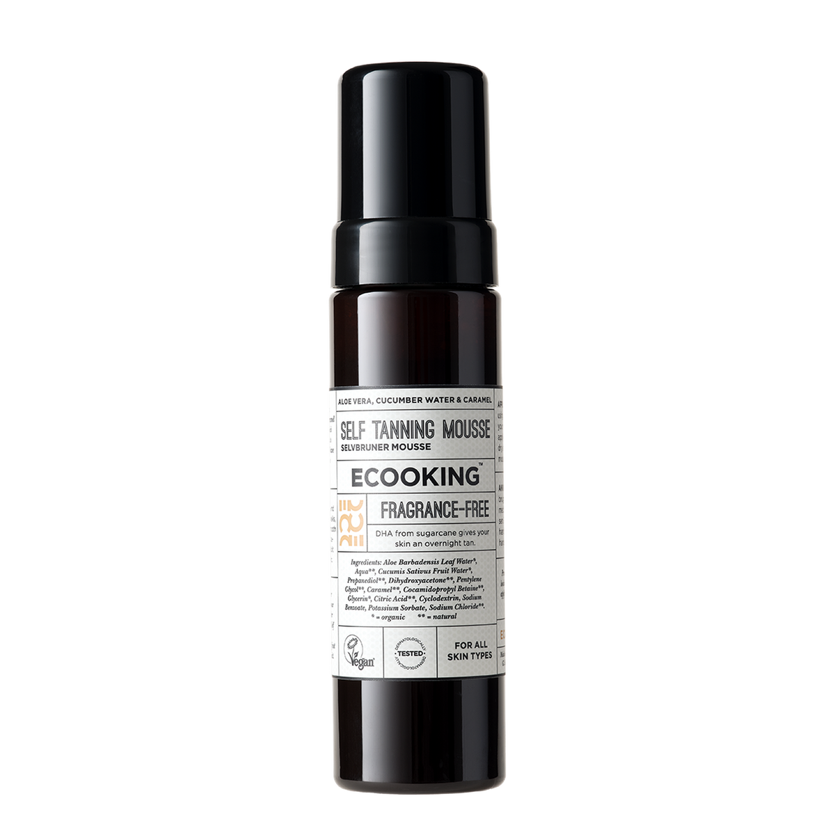 ECOOKING Selvbruner Mousse (Self Tanning Mousse) parfumefri 200 ml i brun flaske med skumpumpe – parfumefri selvbruner mousse med naturlig glød og jævn kulør