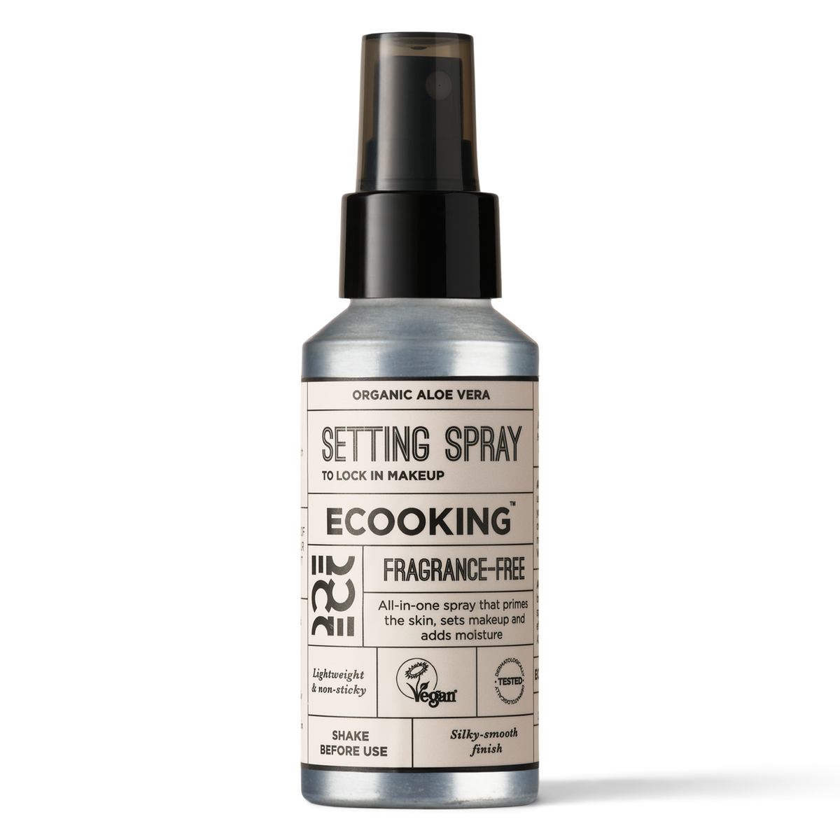 ECOOKING Setting Spray parfumefri i sølvfarvet sprayflaske – setting spray til makeup med fugt og økologisk aloe vera