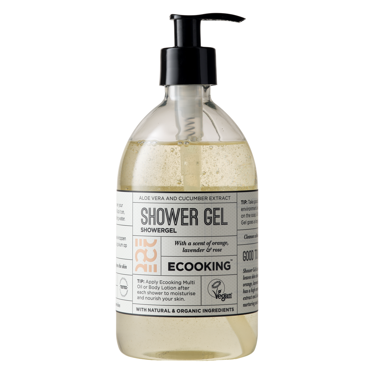 ECOOKING Shower Gel 500 ml i klar flaske med pumpe, duft af orange, lavendel og rose – plejende body wash og sæbe til tør hud