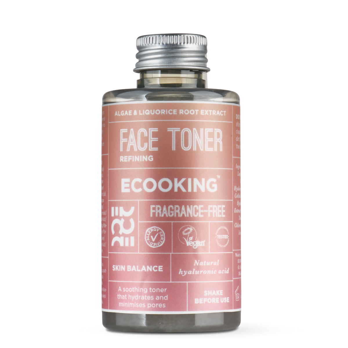 ECOOKING Skin Balance Ansigtstoner 125 ml parfumefri i flaske med rosa etiket – ansigtstoner med alger og lakridsrod til porerne