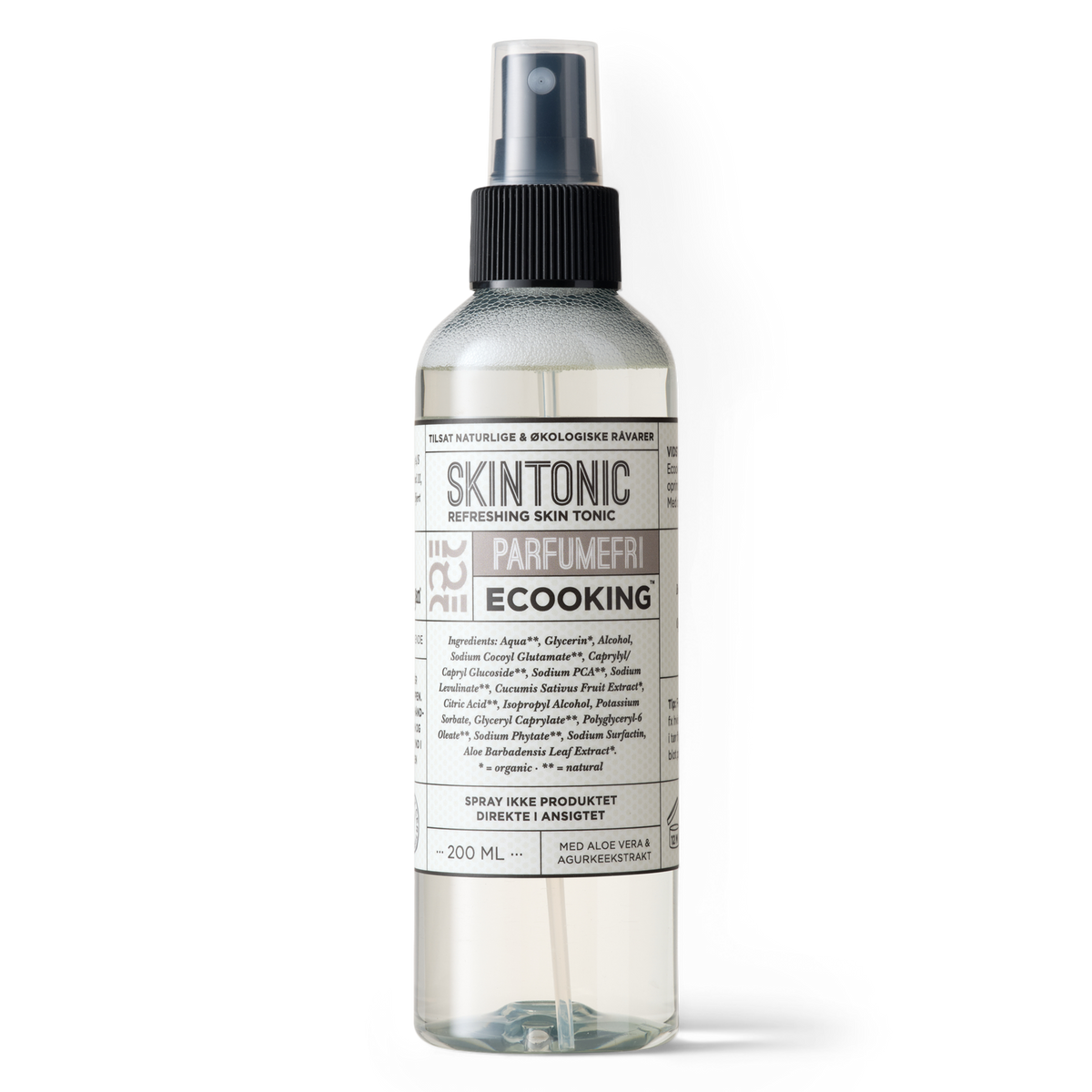 ECOOKING Skintonic parfumefri 200 ml – klar sprayflaske med sort spraylåg – toner til ansigtet og face mist, der fugter og opfrisker