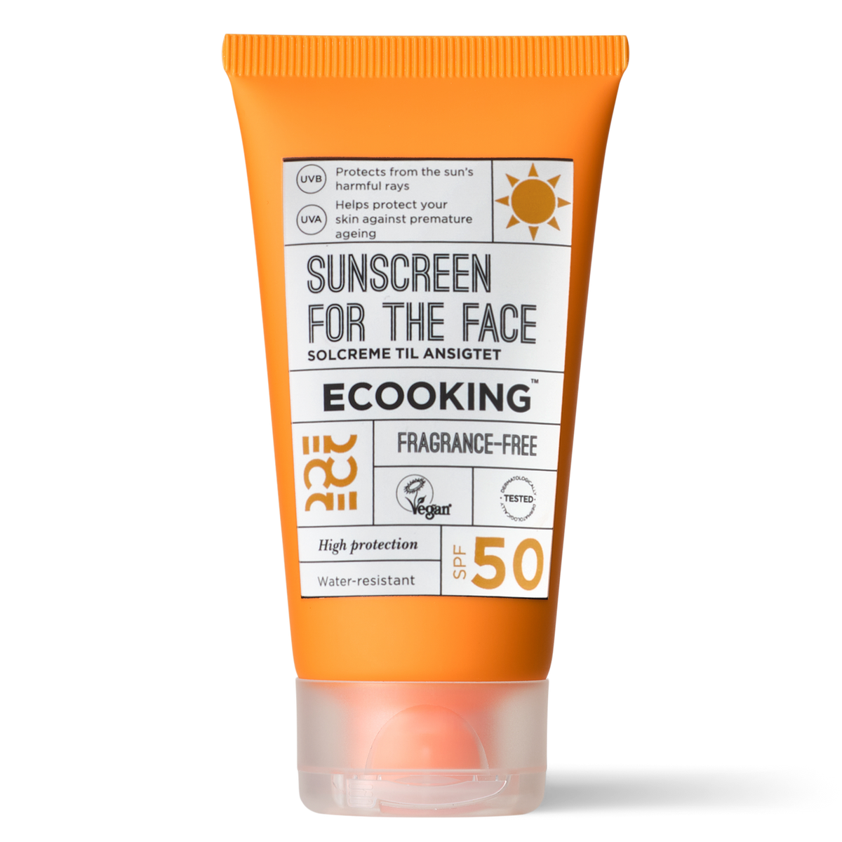 ECOOKING Solcreme til ansigtet (Sunscreen Face) SPF 50 parfumefri i orange tube – solcreme til ansigtet med solfaktor 50, der ikke hvidter