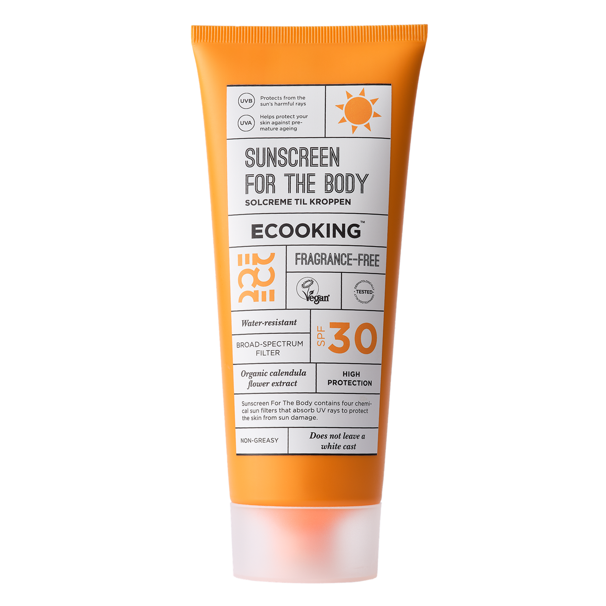 ECOOKING Solcreme til kroppen solfaktor 30 parfumefri 200 ml i orange og hvid tube – solcreme med solfaktor 30 til kroppen, vandafvisende og fedter ikke