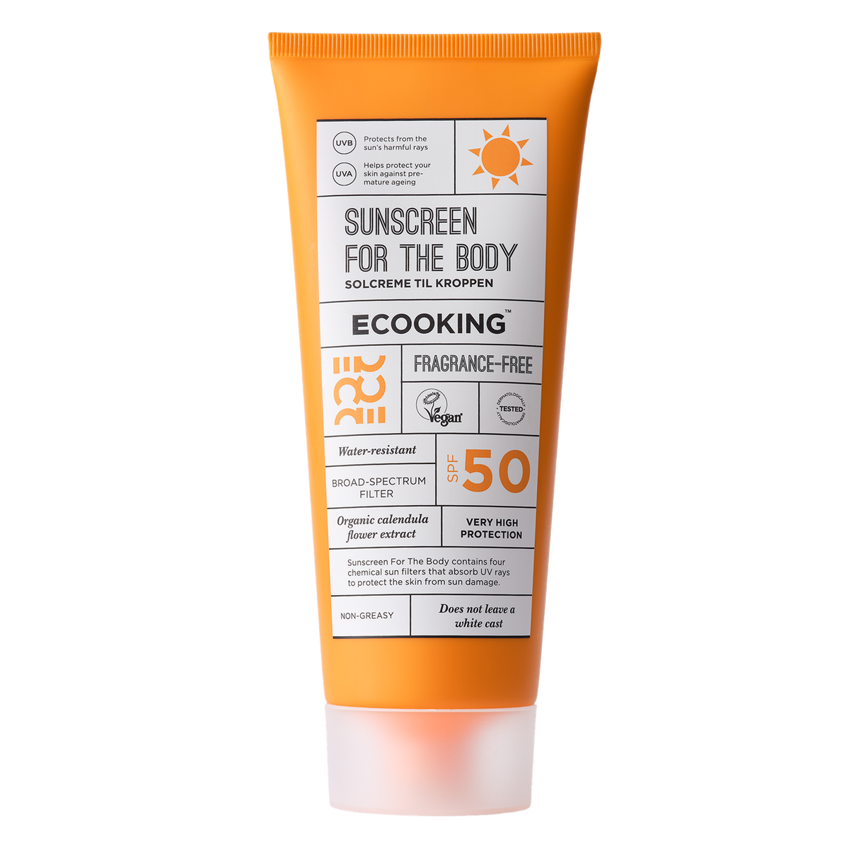 ECOOKING Solcreme til kroppen solfaktor 50 parfumefri 200 ml i orange og hvid tube – solcreme med solfaktor 50 til kroppen, vandafvisende og fedter ikke