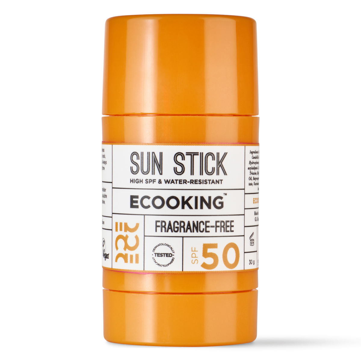 ECOOKING Solstift SPF 50 (Sun Stick) parfumefri 30 g i orange stift – solstift og solcreme stick med solfaktor 50, også til børn og hårbund
