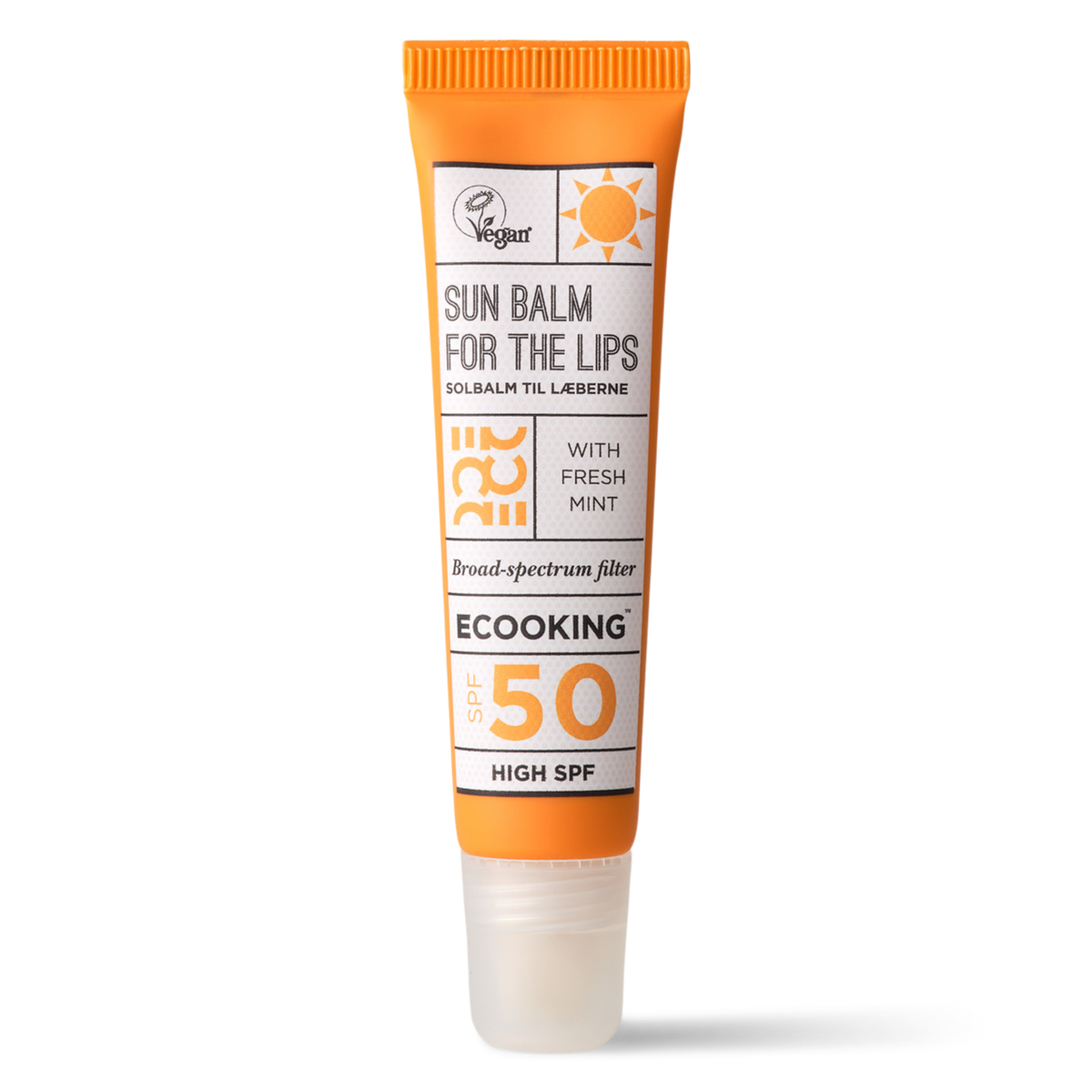 ECOOKING SPF 50 Læbepomade 15 ml i orange og hvid tube med frisk mint – læbepomade med solfaktor 50 til tørre og sprukne læber