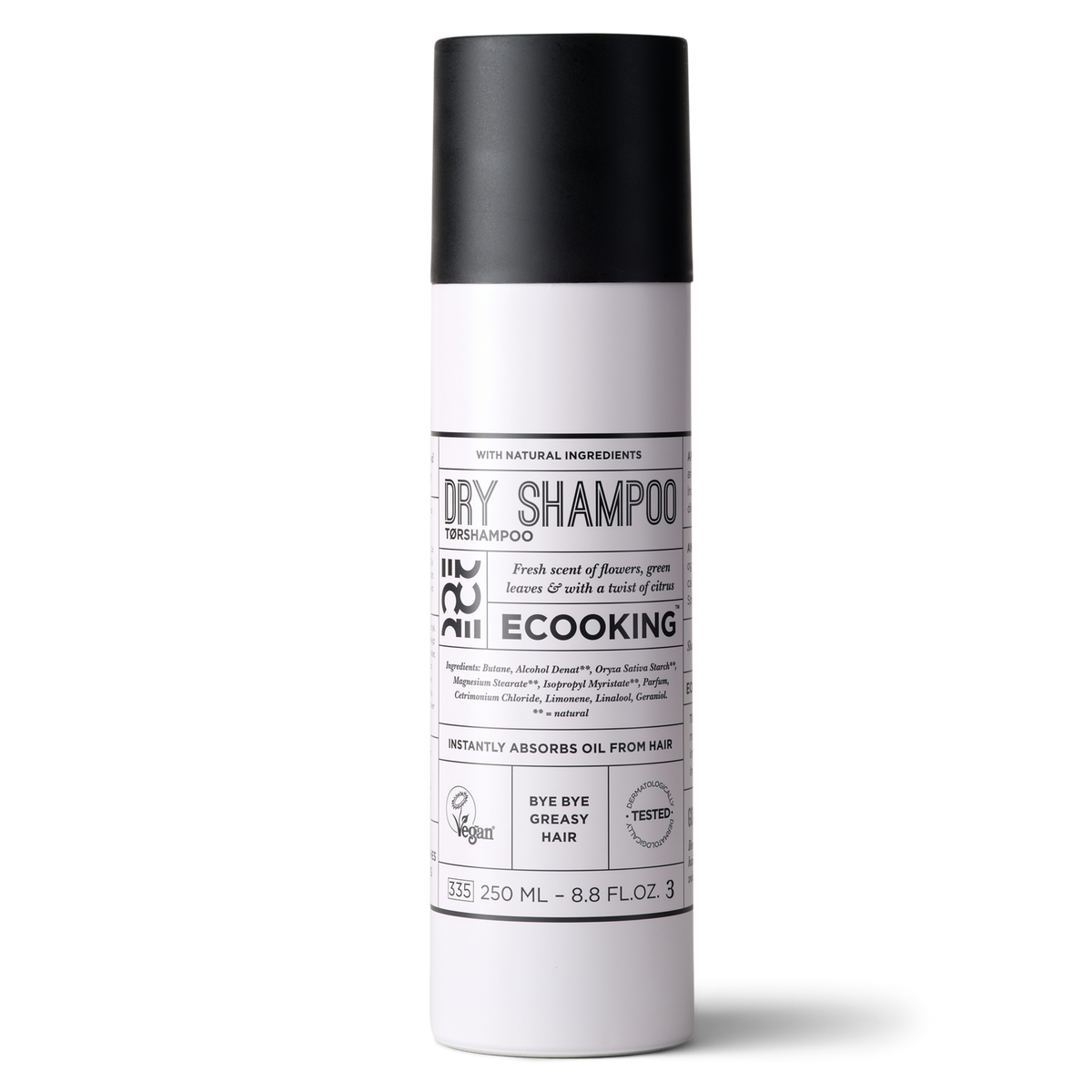 ECOOKING Tørshampoo (Dry Shampoo) 250 ml i hvid spraydåse med sort låg – tørshampoo til fedtet hår, der giver volumen og friskt hår