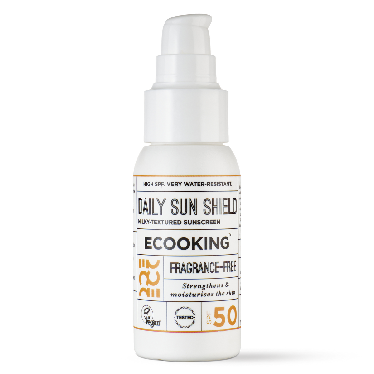 ECOOKING Ultralet Solcreme (Daily Sun Shield SPF 50) parfumefri 50 ml i hvid flaske med pumpe – let solcreme med solfaktor 50, der ikke fedter eller tilstopper porer