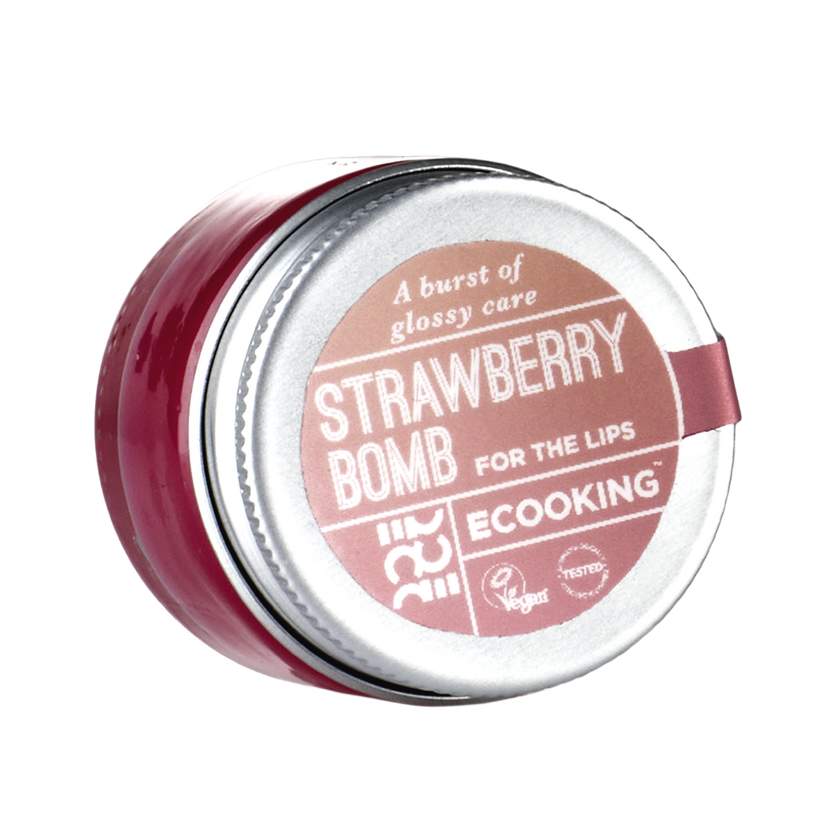 ECOOKING Vegansk læbepomade og læbemaske Strawberry Bomb 15 ml i rød glaskrukke med sølvfarvet låg – vegansk læbepomade og lip mask med duft af jordbær