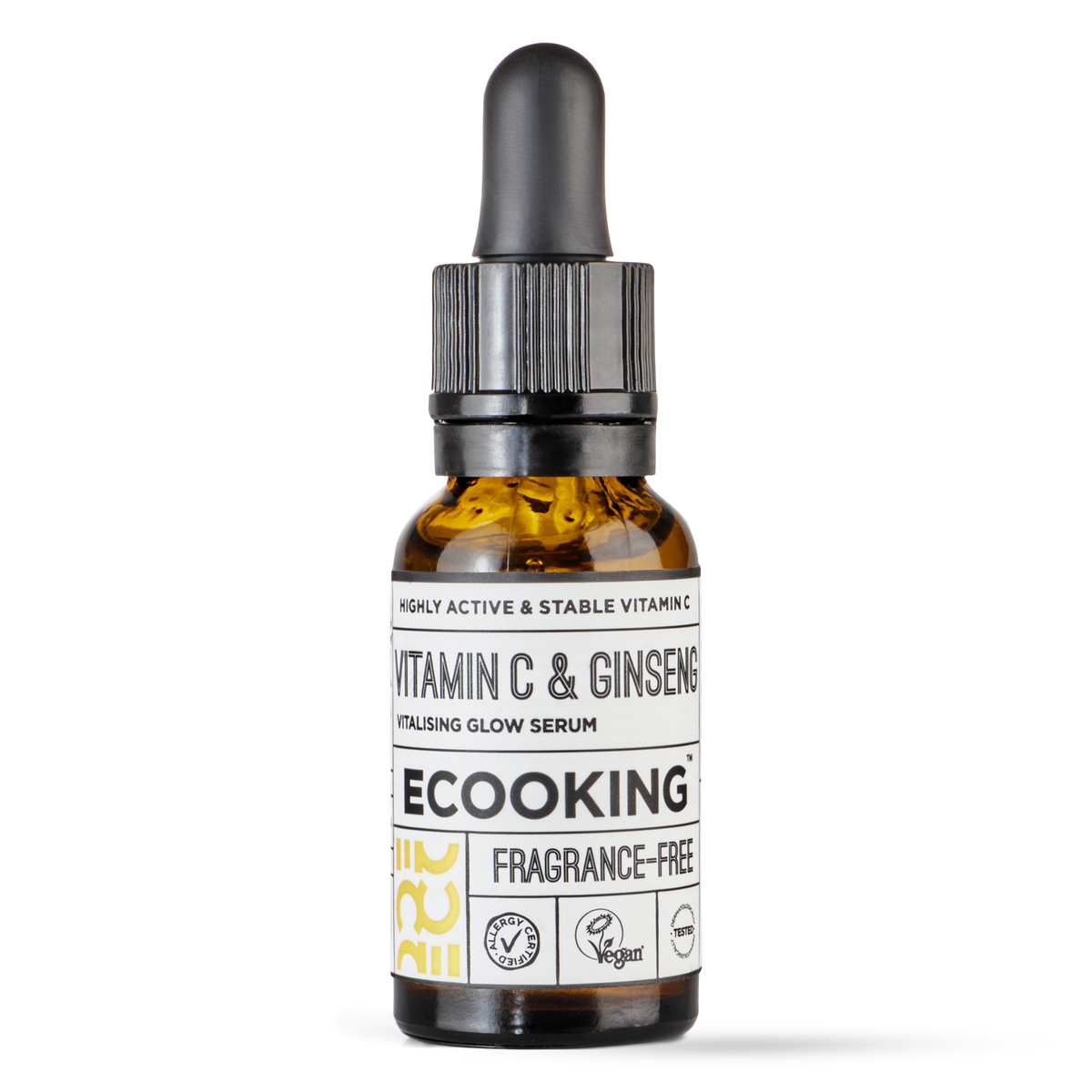 ECOOKING Vitamin C & Ginseng Serum 20 ml – parfumefri serum i brun glasflaske med pipette – vitamin C serum, der giver glød og mindsker fine linjer
