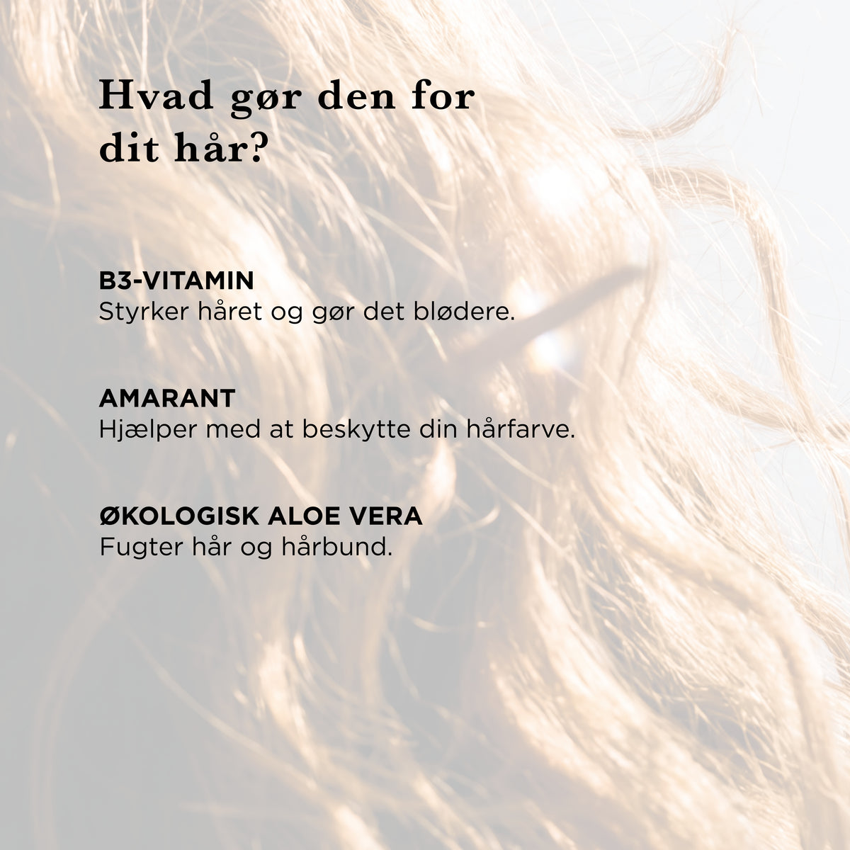 Hvad gør shampooen for dit hår: B3-vitamin styrker håret og gør det blødere, amarant hjælper med at beskytte hårfarven, økologisk aloe vera fugter hår og hårbund