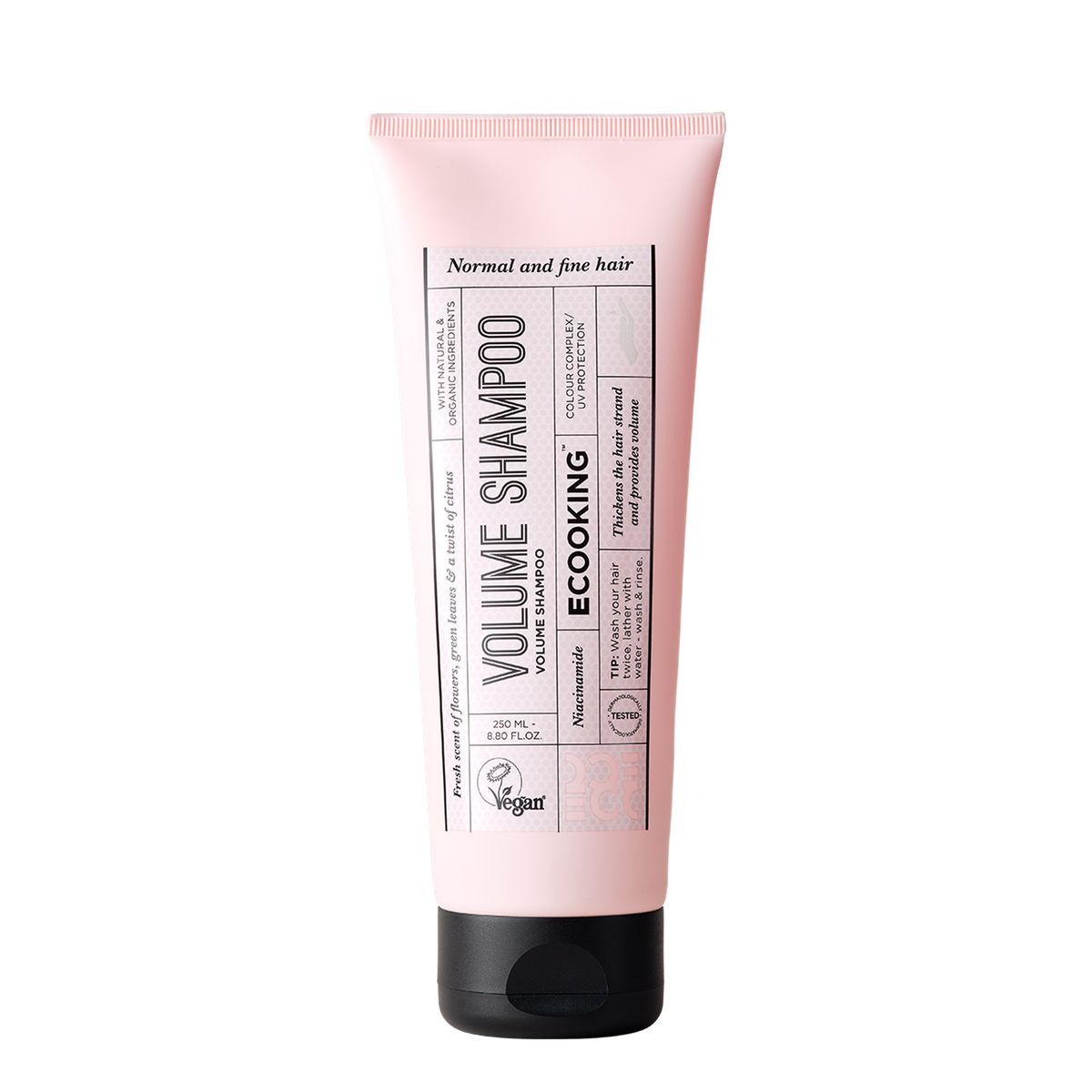 ECOOKING Volumenshampoo (Volume Shampoo) 250 ml i lyserød tube med sort låg – volume shampoo til fint og tyndt hår, der giver mere fylde og volumen
