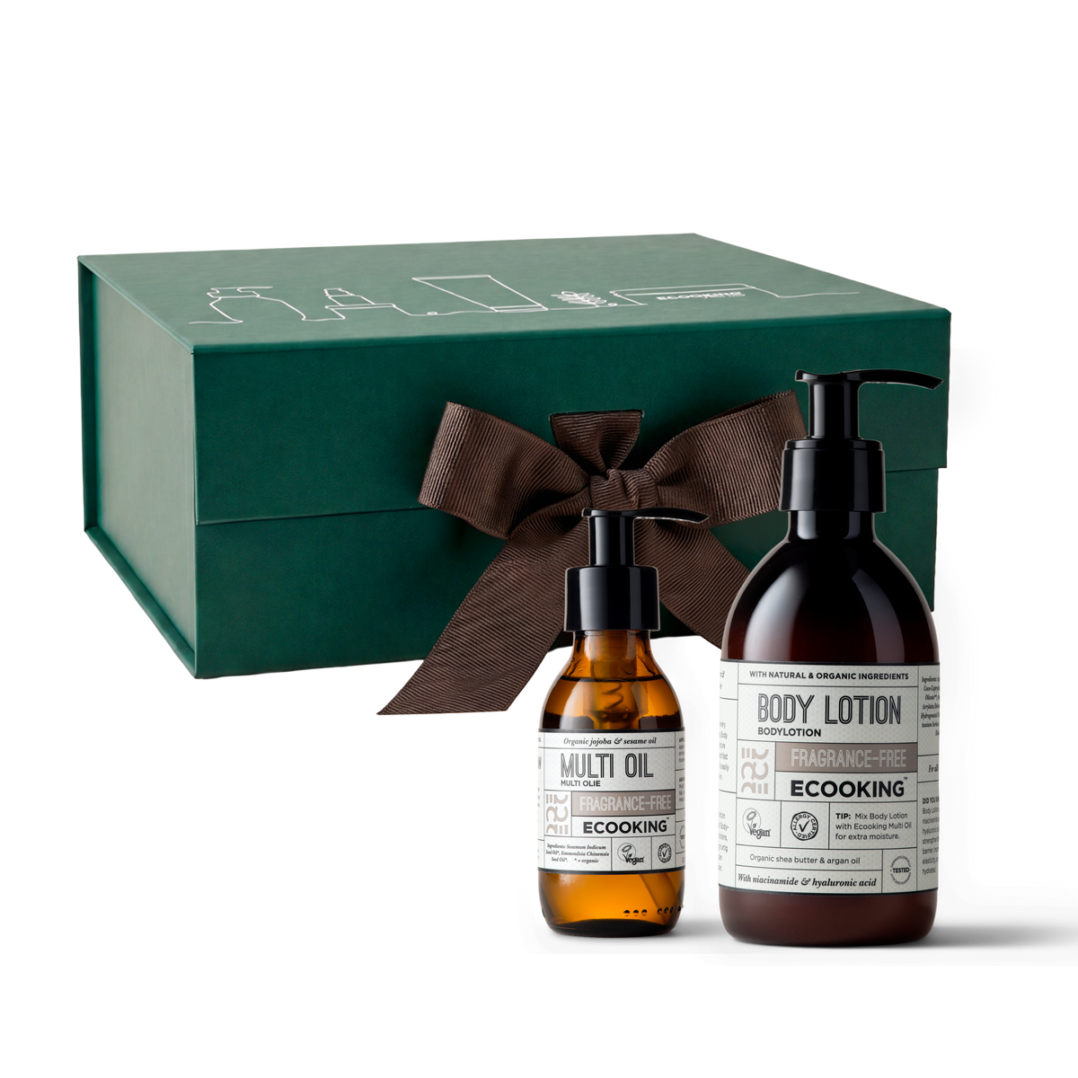 Gavesæt til den nybagte mor: Bodylotion & olie, Bodylotion parfumefri 300 ml og Multi Olie parfumefri 100 ml i grøn gaveæske fra ECOOKING