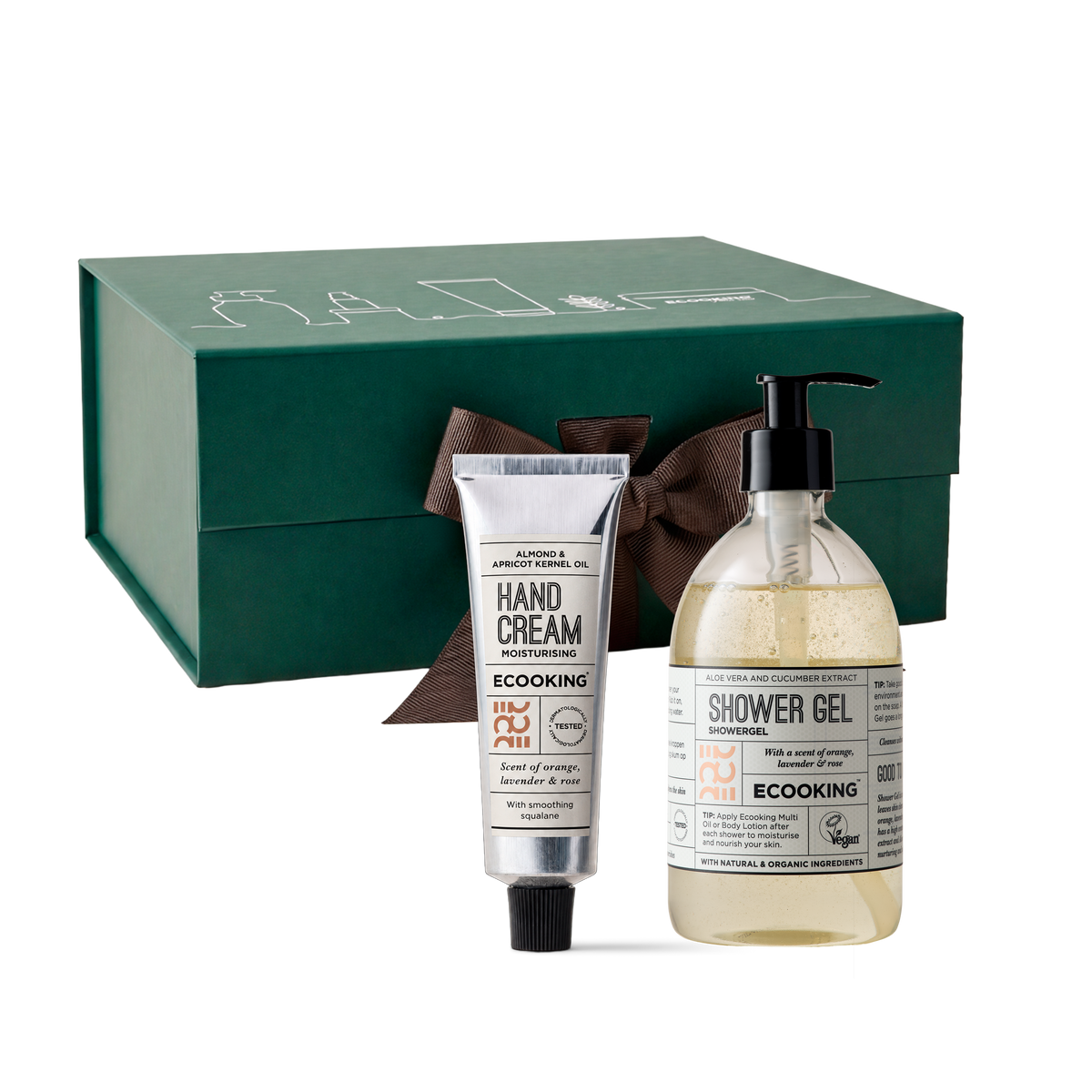 Gavesæt til ham: Showergel & håndcreme, Showergel 500 ml og Håndcreme 30 ml i grøn gaveæske fra ECOOKING