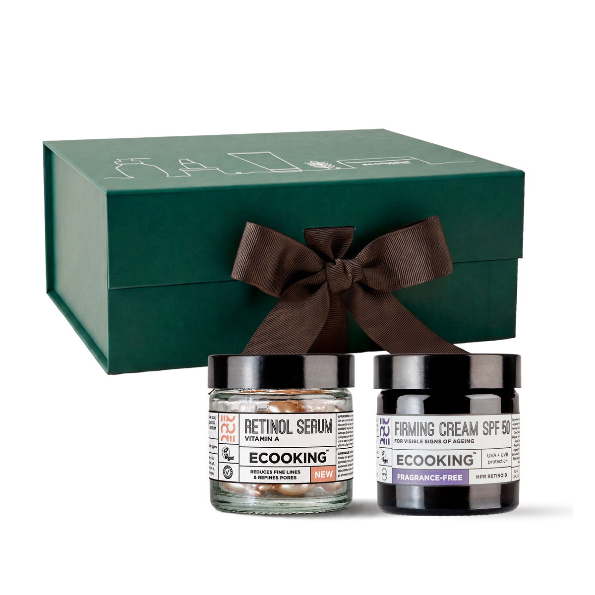 Gavesæt til hende 40 år: Dagcreme SPF 50 & retinol, Opstrammende Dagcreme SPF 50 parfumefri 50 ml og Retinol Serum, 60 kapsler i grøn gaveæske fra ECOOKING
